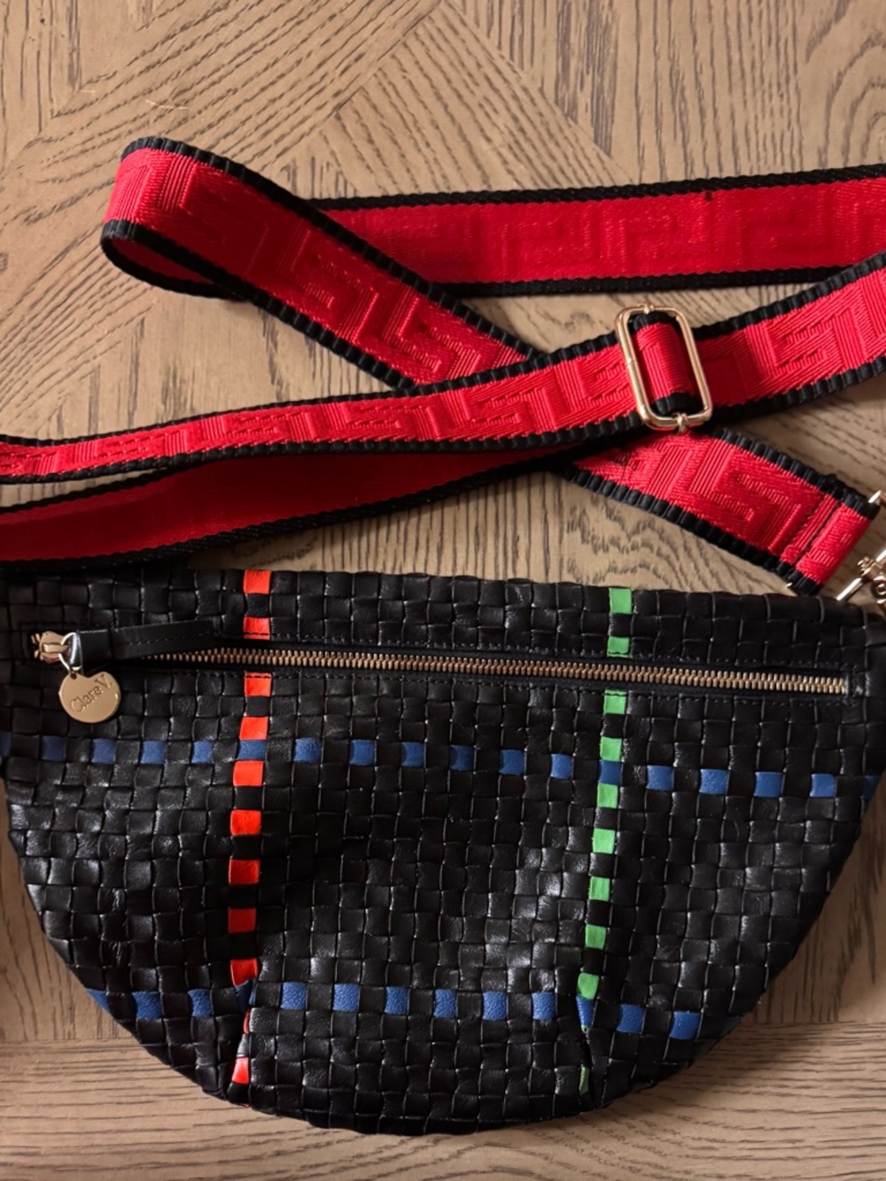 Clare V Black Woven Crossbody Bag with Red Strap and Multicolor Accents